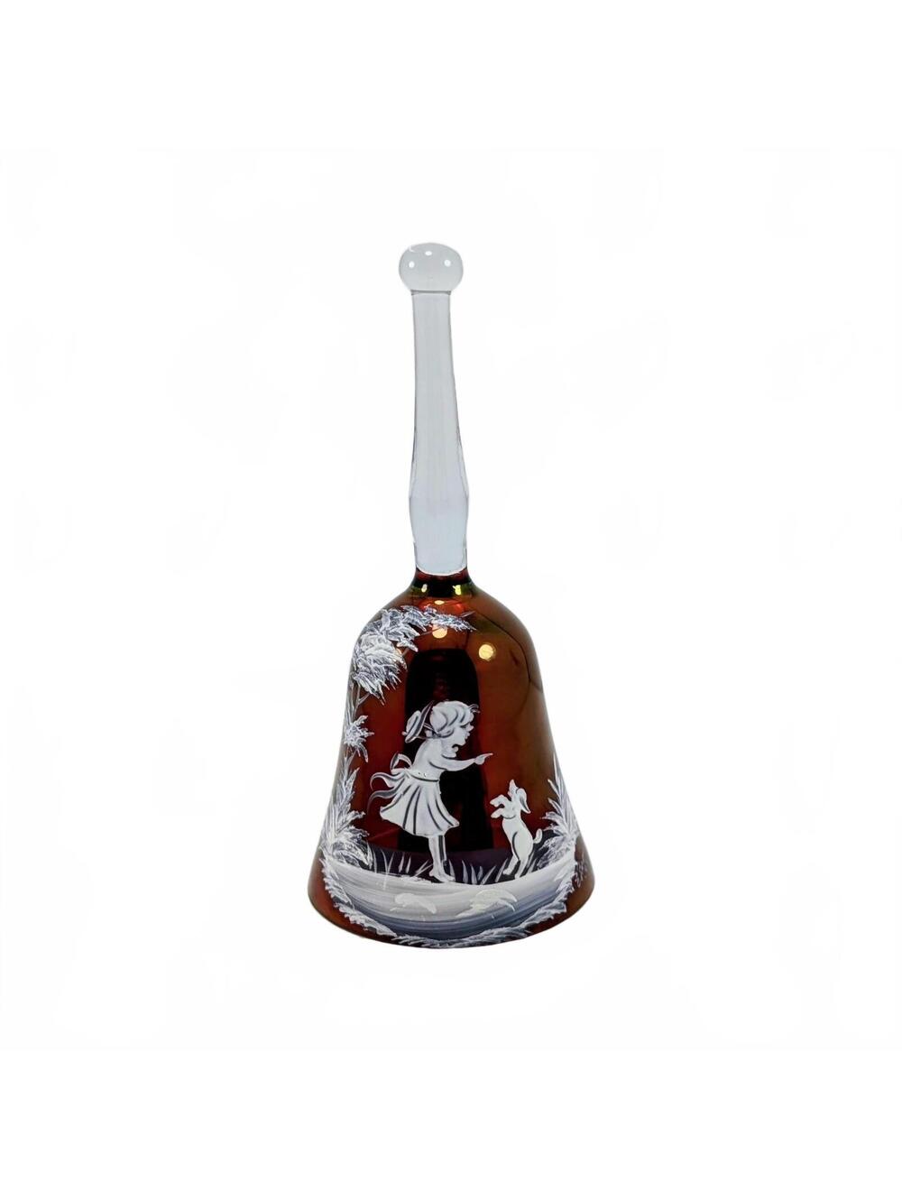 Vtg Westmoreland Mary Gregory Ruby Red Bell, signed E. Brown